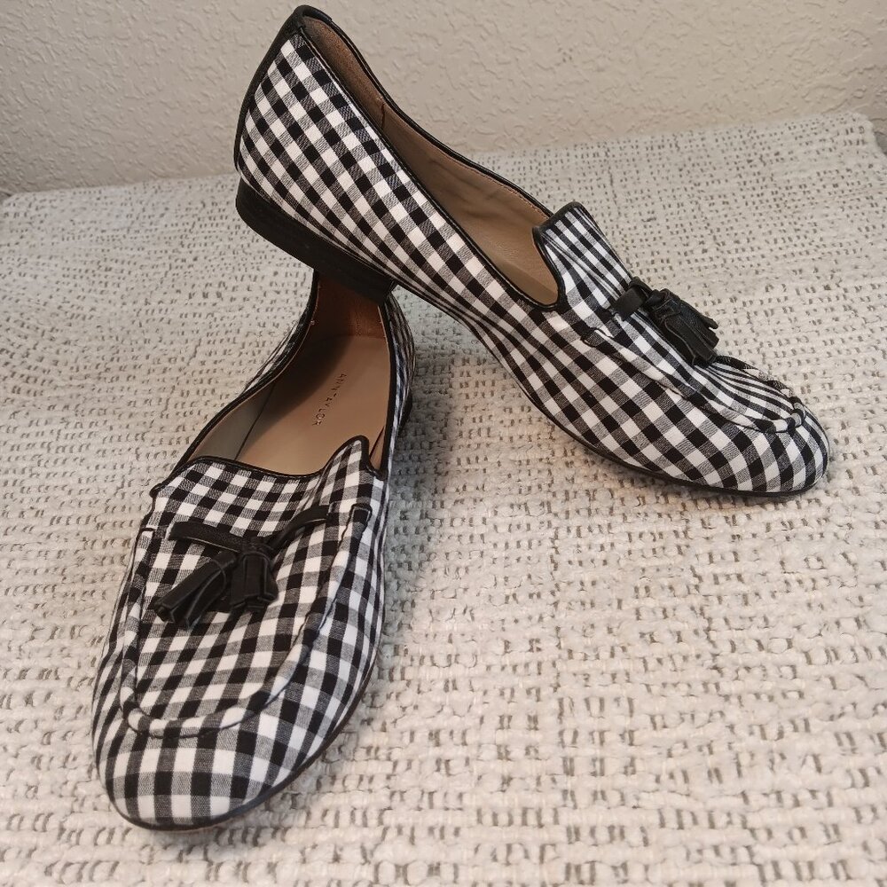 Ann Taylor women's gingham plaid check fabric black & white tassel loafers 7 M
